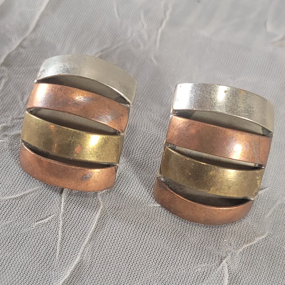 Tricolor Mixed Metal Post Earrings Copper Brass Silver Tone Curved Band Jewelry